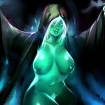  1girl :d areolae arms_up breasts cleavage collarbone colored_nipples colored_pubic_hair colored_skin fangs female_pubic_hair ghost green_nipples green_skin hair_between_eyes hood hood_up large_breasts light_blue_eyes lips long_hair long_sleeves looking_at_viewer mrkg_(arsfatuus) navel no_pupils open_mouth original pubic_hair smile solo teeth white_hair white_pubic_hair 