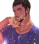  1boy beard black_hair black_panther_(film) dark-skinned_male dark_skin facial_hair honey male_focus marvel marvel_cinematic_universe matsu_(bandan) purple_eyes purple_shirt shirt solo t&#039;challa wiping_face 