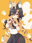  1girl :d absurdres animal_ear_fluff animal_ears animal_hands animal_on_head animal_print bangs black_hair blush brown_eyes cat cat_on_head chinese_zodiac commentary_request cowboy_shot eyebrows_visible_through_hair gloves hair_between_eyes hair_ornament highres hololive long_hair looking_at_viewer multicolored_hair on_head ookami_mio paw_gloves paw_print paw_print_background print_capelet red_hair shirt simple_background smile solo standing streaked_hair taiga_(ookami_mio) tail tawa_(ookami_mio) tiger_hair_ornament tiger_print tiger_tail virtual_youtuber wappa white_shirt wolf_ears year_of_the_tiger 