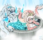  anthro antlers asian_mythology blue_eyes blue_fire claws colored_fire dark_sclera dragon duo ear_piercing ear_ring east_asian_mythology eastern_dragon eyewear feathered_wings feathers female fire glasses hair horn horn_jewelry hot_tub kassiradragon kiba_whitewolf male male/female mythology piercing pink_body pink_hair ruby-milk water whiskers white_body white_hair wings 
