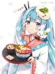  1girl 1other animal_on_shoulder blue_eyes blue_hair bowl bunny chopsticks commentary dip-dyed_hair food food-themed_hair_ornament hair_ornament hair_stick hatsune_miku holding holding_tray iluka_(ffv7) japanese_clothes kimono long_hair looking_at_viewer multicolored_hair rabbit_yukine red_hair roe salmon sashimi scallop seigaiha shiso_(plant) shrimp smile snowflake_print standing tray tuna twintails twitter_username two-tone_hair upper_body very_long_hair vocaloid wasabi white_kimono yuki_miku 