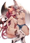  2girls absurdres after_kiss animal_ears animal_print ass bell blush breasts copyright_request cow_print de_da_xianyu demon_horns demon_tail demon_wings heart highres horns large_tail long_hair multiple_girls navel pink_hair red_eyes saliva saliva_trail shorts sweat tail tears tongue white_hair wings yuri 