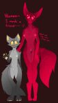  absurd_res anthro biped breatss canid canine canis countershade_fur countershade_legs countershade_torso countershading coyote dialogue doughtea duo female fur genitals grey_body grey_fur hi_res mammal multi_eye nipples nude pussy red_body red_fur sleep_paralysis_demon 