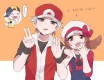  1girl 2boys :d arrow_(symbol) baseball_cap blue_overalls bow brown_eyes brown_hair cabbie_hat commentary_request ethan_(pokemon) hands_up hat hat_bow hoop hula_hoop jacket jewelry long_hair lyra_(pokemon) multiple_boys open_mouth overalls pokemon pokemon_(game) pokemon_frlg pokemon_hgss pumpkinpan red_(pokemon) red_headwear ring shirt short_hair smile teeth tongue trembling twintails upper_teeth white_headwear wristband 