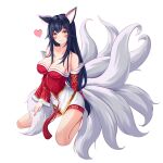  1girl absurdres ahri_(league_of_legends) animal_ears bangs bare_shoulders blush breasts cleavage commentary_request eyebrows_visible_through_hair facial_mark fang fox_ears fox_tail heart highres korean_clothes kumiho league_of_legends long_hair looking_at_viewer ml04_(malang22) multiple_tails nail_polish sitting slit_pupils smile solo tail thighs vastaya whisker_markings yellow_eyes 