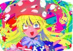  1girl american_flag american_flag_dress american_flag_shirt bell blonde_hair blush clownpiece crazy_eyes fairy frilled_shirt_collar frills hat heterochromia highres jester_cap long_hair moyashi_(oekaki_touhou) multicolored_background neck_ruff open_mouth paint_splatter polka_dot polka_dot_headwear polos_crown solo star_(symbol) star_print symbol-shaped_pupils touhou very_long_hair 