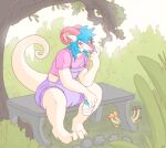  ambiguous_gender anthro bench diaper diaper_under_clothing garden hardscales looking_at_viewer milk pacifier sippy_cup sitting solo 