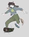  action_pose ambiguous_gender anthro bottomwear brown_body brown_fur brown_hair canid canine canis clothed clothing decafbat eyebrow_piercing facial_piercing female floppy_ears footwear fur grey_background hair hi_res hoodie mammal pants piercing pose reagan_(cynnnibun) shoes short_hair simple_background skateboard skater skating snaggle_tooth sneakers solo tomboy topwear white_body white_fur 