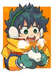  1boy boku_no_hero_academia border breath earmuffs freckles green_eyes green_hair highres holding light_blush looking_at_object male_focus midoriya_izuku mittens open_mouth orange_background outside_border scarf signature simple_background snow_bunny solo surprised teeth tongue twitter_username upper_body white_border winter_clothes yazakc younger 