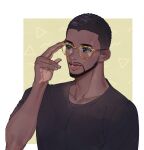  1boy beard bespectacled black_eyes black_hair black_panther_(film) black_shirt dark-skinned_male dark_skin facial_hair glasses male_focus marvel marvel_cinematic_universe matsu_(bandan) open_mouth shirt smile solo t&#039;challa t-shirt 