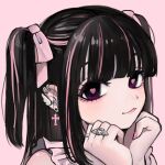  1girl bangs black_hair blunt_bangs cross cross_earrings ear_piercing earrings hair_ribbon heart heart-shaped_pupils jewelry kirara_yakubou long_hair looking_at_viewer multicolored_hair nail_polish original piercing pink_background pink_hair pink_nails pink_theme portrait pose purple_eyes ribbon ring short_twintails solo streaked_hair symbol-shaped_pupils twintails 