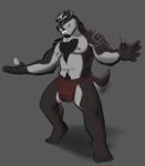  2022 anthro badger biped black_body black_nose clothing dippubear hi_res humanoid_hands jockstrap male mammal mustelid musteline navel nipples simple_background solo underwear white_body 