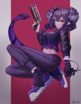  1girl absurdres apex_legends arc_star artist_name b3_wingman black_sweater blue_eyes braid breasts dragon_tail floating_hair gun hair_behind_ear handgun head_wings highres holding holding_gun holding_weapon medium_breasts medium_hair navel nijisanji nijisanji_en pants pavo543 pointy_ears purple_eyes purple_footwear purple_hair purple_pants revolver selen_tatsuki shoes shuriken sneakers solo sweater tail torn_clothes twin_braids untied_footwear virtual_youtuber weapon 