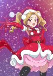  1girl aikatsu! aikatsu!_(series) amikaasan armpits back_bow belt bow breasts brown_belt buttons clenched_hand commentary_request cowboy_shot daichi_nono double-breasted dress elbow_gloves eyebrows_visible_through_hair forehead foreshortening fur-trimmed_dress fur-trimmed_gloves fur_trim gloves gradient gradient_background hair_intakes hair_ornament hat highres impossible_clothes impossible_dress layered_dress long_hair mole mole_under_eye multicolored_eyes open_hand open_mouth orange_eyes pink_background pink_eyes pom_pom_(clothes) pom_pom_hair_ornament purple_background purple_eyes reaching red_bow red_gloves santa_costume santa_dress santa_hat shiny shiny_hair shiny_skin sideboob skindentation sleeveless sleeveless_dress snow snowing solo sparkle teeth thighhighs twintails upper_teeth zettai_ryouiki 