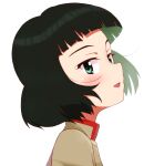  1girl bangs black_hair blunt_bangs blunt_ends blush bob_cut brown_jacket chi-hatan_school_uniform commentary_request from_side girls_und_panzer green_eyes high_collar jacket kayabakoro looking_at_viewer nishihara_yasoko open_mouth portrait school_uniform short_hair simple_background smile solo white_background 
