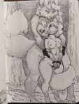  2021 anthro ashley_(ashleyfoxo) balls black_and_white blush bound breasts canid canine chastity_cage chastity_device clothing collar cuff_(restraint) duo embrace eye_contact female forest fox genitals gloves hands_tied handwear hi_res hug hugging_from_behind larger_female looking_at_another looking_down looking_up male male/female mammal monochrome mostly_nude nipple_piercing nipples nude outside piercing plant rain420 rain_(rain420) restraints size_difference smaller_male smile standing traditional_media_(artwork) tree worried wrist_cuffs 