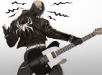  1boy animal_print ass belt bodystocking bodysuit collar cowboy_shot english_commentary gradient gradient_background guitar holding holding_instrument instrument jacket leather leather_jacket legs_apart looking_back male_focus marvel muscular muscular_male solo spider-man spider-man:_into_the_spider-verse spider-man_(series) spider-punk spider_print spiked_collar spiked_jacket spikes thick_thighs thighs vulpetrope zipper 