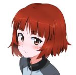  1girl alternate_hairstyle bangs blue_jacket blunt_bangs blush commentary eyebrows_visible_through_hair girls_und_panzer hair_down jacket kayabakoro keizoku_military_uniform light_frown looking_at_viewer mikko_(girls_und_panzer) military military_uniform parted_lips raglan_sleeves red_eyes red_hair short_hair simple_background solo track_jacket uniform white_background 