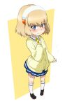  1girl bangs black_footwear blonde_hair blue_eyes blue_skirt blush bob_cut cardigan clenched_hand closed_mouth commentary cosplay eyebrows_visible_through_hair fang frown full_body girls_und_panzer hairband hand_on_own_chest katyusha_(girls_und_panzer) kayabakoro kise_yayoi kise_yayoi_(cosplay) long_sleeves looking_at_viewer miniskirt nanairogaoka_middle_school_uniform necktie pleated_skirt precure school_uniform shirt shoes short_hair single_horizontal_stripe skirt smile_precure! socks solo standing voice_actor_connection white_hairband white_legwear white_shirt wing_collar yellow_cardigan yellow_necktie 