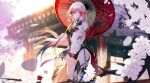  1girl absurdres architecture asymmetrical_gloves bangs brown_legwear cherry_blossoms china_dress chinese_clothes dress east_asian_architecture fu_hua fu_hua_(phoenix) gloves highres holding holding_umbrella honkai_(series) honkai_impact_3rd looking_at_viewer mismatched_gloves nonaginta_novem outdoors ponytail red_eyes red_gloves single_glove single_thighhigh sleeveless sleeveless_dress thighhighs tree umbrella white_hair 