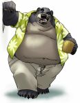  aloha_shirt anthro barefoot belly bottomwear clothed clothing dark_body dark_fur facial_hair fatbat feet fur holding_object humanoid male mammal nipples open_clothing open_shirt open_topwear overweight overweight_male pants pattern_clothing pattern_shirt pattern_topwear shirt simple_background smile solo teeth_showing topwear tropical_shirt ursid 