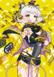  1girl absurdres android animal_ears bangs black_hair commission covered_navel cowboy_shot green_eyes highres looking_at_viewer medium_hair multicolored_hair muzinneki original solo thank_you tiger_ears two-tone_hair white_hair yellow_background yellow_theme 