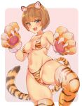  1girl animal_ears animal_hands animal_print bangs bikini blush breasts brown_eyes brown_hair brownie_(last_origin) chamame chinese_zodiac eyebrows_visible_through_hair fake_animal_ears fake_tail fangs highres last_origin leg_up medium_breasts navel open_mouth short_hair smile solo swimsuit tail thighhighs tiger_ears tiger_paws tiger_print tiger_tail year_of_the_tiger 