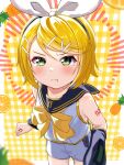  :t arm_warmers bare_shoulders black_collar blurry blurry_background blush bow bowtie clenched_hand collar collarbone collared_shirt depth_of_field food foreshortening fortissimo from_above fruit green_eyes hair_bow highres kagamine_rin kagamine_rin_(vocaloid4) kurohanesawa looking_at_viewer orange_(fruit) orange_background orange_slice pineapple pout shirt shorts shoulder_tattoo sleeveless sleeveless_shirt tattoo tearing_up tears v-shaped_eyebrows v4x vocaloid white_bow white_shirt white_shorts yellow_bow yellow_bowtie 
