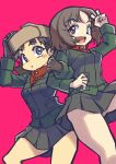  2girls absurdres alina_(girls_und_panzer) bangs black_gloves black_hair black_skirt black_vest blue_eyes brown_eyes brown_hair brown_headwear fur_hat girls_und_panzer gloves green_jacket hand_on_headwear hat highres jacket locked_arms long_sleeves looking_at_viewer low_twintails military military_uniform miniskirt multiple_girls nakachiruno nina_(girls_und_panzer) open_mouth pink_background pleated_skirt pravda_military_uniform red_shirt shirt short_hair short_twintails simple_background skirt smile standing turtleneck twintails uniform ushanka v vest 