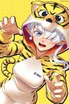  2022 alisaie_leveilleur alternate_costume animal_costume animal_ears animal_print chinese_zodiac claw_pose final_fantasy final_fantasy_xiv happy_new_year highres new_year tail tiger_costume tiger_ears tiger_print tiger_tail year_of_the_tiger you_haruka 