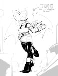  absurd_res anthro belt boots breasts chiropteran cleavage clothed clothing english_text female footwear hi_res high_heeled_boots high_heels mammal midair monochrome rouge_the_bat scarf sega solo sonic_the_hedgehog_(series) spread_wings text the-hydroxian tight_clothing wings 