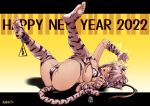  1girl 2022 animal_ears animal_print artist_name bikini breasts cameltoe chinese_zodiac cleavage electricity full_body grey_hair hair_between_eyes happy_new_year large_breasts looking_at_viewer lying mibry_(phrysm) micro_bikini new_year on_back open_mouth orange_eyes original print_legwear purple_nails skindentation solo swimsuit tail tiger_ears tiger_girl tiger_print tiger_tail year_of_the_tiger 