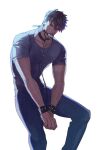  1boy bdsm beard black_hair black_panther_(film) bondage bound collar dark-skinned_male dark_skin facial_hair gagged hairlocs killmonger male_focus marvel marvel_cinematic_universe matsu_(bandan) shirt solo t-shirt wrist_belt wrist_cuffs 