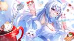  1girl animal_ears bangs bare_shoulders blue_hair blue_nails blueberry breasts character_request cleavage copyright_request crepe cup detached_sleeves eneru_(enepuni) eyebrows eyebrows_visible_through_hair fingernails food food_wrapper fox fox_ears fruit hair_between_eyes hair_ornament highres holding holding_food ice_cream ice_cream_cone licking_lips long_hair long_sleeves nail_polish one_eye_closed snowflakes spoon strawberry tongue tongue_out virtual_youtuber waffle whipped_cream 
