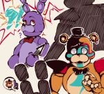  ! ? absurd_res animatronic anthro bonnie_(fnaf) bow_tie brown_body calemonssi clothing duo ear_piercing electric_guitar eye_contact facial_markings five_nights_at_freddy&#039;s five_nights_at_freddy&#039;s:_security_breach freddy_(fnaf) glamrock_freddy_(fnaf) guitar hat head_markings headgear headwear hi_res lagomorph leporid looking_at_another machine male mammal markings metallic_body musical_instrument piercing plucked_string_instrument pupils purple_body rabbit raised_hand robot scottgames shocked shocked_expression shoulder_pads silhouette simple_background string_instrument top_hat unusual_pupils ursid video_games 