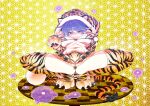  1girl 2022 animal_ears animal_hands animal_print arm_support bangs blob blush breasts breasts_apart claws commentary_request doremy_sweet dream_soul fake_animal_ears fur_trim highres looking_at_viewer m_legs medium_breasts navel nengajou new_year patterned_clothing solo spread_legs stomach tail thighhighs thighs tiger tiger_ears tiger_print tiger_tail touhou yassy 