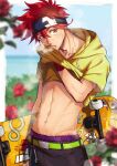  1boy absurdres blurry blush clothes_lift depth_of_field flower headband hibiscus highres hood hoodie kyan_reki male_focus orange_eyes red_hair reki_uraaka shirt_lift short_hair sk8_the_infinity skateboard solo sweat toned toned_male twitter_username wiping_sweat yellow_hoodie 