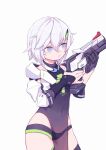  1girl alternate_color alternate_hairstyle bangs black_shorts blue_eyes closed_mouth gun hair_ornament hairpin handgun highres holding holding_gun holding_weapon honkai_(series) honkai_impact_3rd kallen_kaslana long_sleeves pistol see-through short_hair shorts simple_background solo weapon white_background white_hair zaitou_(jiangyc) 