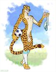  anthro ball balls cheetah clothing felid feline genitals hi_res jockstrap kihu male mammal mostly_nude penis small_penis soccer_ball solo underwear 