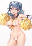  1girl absurdres adapted_costume bikini blue_eyes blue_hair blush breasts collarbone cowboy_shot double_bun elbow_gloves eyebrows_visible_through_hair gloves groin hair_between_eyes highres holding holding_pom_poms interstellar kantai_collection looking_at_viewer medium_breasts medium_hair navel open_mouth pom_pom_(cheerleading) round_teeth smile solo swimsuit teeth upper_teeth urakaze_(kancolle) white_background white_bikini white_gloves 