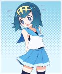  1girl adapted_costume bare_arms black_legwear blue_eyes blue_hair blue_sailor_collar blue_skirt blush bright_pupils collarbone commentary_request flying_sweatdrops freckles hairband highres kouzuki_(reshika213) lana_(pokemon) no_sclera one-piece_swimsuit open_mouth pleated_skirt pokemon pokemon_(anime) pokemon_sm_(anime) sailor_collar shirt short_hair skirt sleeveless sleeveless_shirt solo swimsuit swimsuit_under_clothes thighhighs tongue white_pupils white_shirt yellow_hairband 