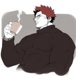  1boy beard black_sweater blue_eyes boku_no_hero_academia border cup endeavor_(boku_no_hero_academia) facial_hair failed_heroes from_below glasses holding holding_cup long_sleeves looking_at_viewer male_focus mature_male mug muscular muscular_male mustache parted_lips red_hair rounded_corners short_hair sideburns simple_background skin_tight solo spiked_hair steam sweater turtleneck turtleneck_sweater upper_body very_short_hair watch white_border wristwatch 