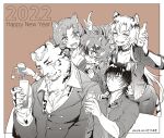  2022 2boys 3girls :d animal_ear_fluff animal_ears arknights artist_name bangs blush border bottle bow bowtie breasts broca_(arknights) brown_background can chinese_zodiac choker cleavage closed_eyes closed_mouth collarbone collared_shirt cup dated eyebrows_visible_through_hair fingernails furry glasses grin hair_between_eyes happy_new_year holding holding_bottle holding_can holding_cup index_finger_raised indra_(arknights) jacket jewelry leaning_forward long_sleeves medium_breasts mountain_(arknights) multiple_boys multiple_girls necklace necktie new_year open_clothes open_jacket outside_border pants parted_bangs parted_lips partially_colored ring scar scar_across_eye scar_on_face scar_on_nose sharp_fingernails shirt short_hair short_sleeves simple_background sleeves_past_wrists smile star_(symbol) sweater swire_(arknights) tail tiger_boy tiger_ears tiger_girl tiger_tail upper_body v-shaped_eyebrows waai_fu_(arknights) white_border wristband year_of_the_tiger zuncro_gb 