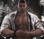  1boy abs bara bare_pectorals black_hair blood blood_on_clothes collared_shirt david_king_(dead_by_daylight) dead_by_daylight facial_hair highres jang_ju_hyeon large_pectorals looking_at_viewer male_focus muscular muscular_male open_clothes open_shirt own_hands_together pectorals scar scar_on_face scar_on_nose shirt short_hair solo stubble undercut watch wristwatch 