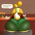  2021 absurd_res animal_crossing anthro big_butt bottomwear butt butt_focus canid canine canis clothed clothing domestic_cat domestic_dog english_text felid feline felis female female_focus fur green_bottomwear green_clothing hi_res huge_butt isabelle_(animal_crossing) mammal nintendo panties raymond_(animal_crossing) rear_view sitting skirt speech_bubble supermoonshroom text tight_bottomwear tight_clothing translucent translucent_bottomwear translucent_clothing underwear video_games watermark yellow_body yellow_fur 