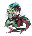  2022 4_toes 5_fingers anthro areola black_hair blue_hair breasts clothed clothing digital_media_(artwork) duo eyebrows eyelashes f-r95 feet female female/female fin fingers fish green_body green_skin hair hi_res kneeling marine nipples non-mammal_breasts shark simple_background smile toes 
