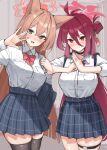  2girls \||/ akasaki_koyo alternate_costume animal_ears antenna_hair backpack bag black_choker black_skirt black_thighhighs blue_archive blunt_ends blush bow bowtie breasts brown_hair choker closed_mouth collared_shirt commentary cowboy_shot crossed_bangs double-parted_bangs dress_shirt fox_ears fox_girl grey_background grey_eyes hair_between_eyes hair_bun hair_intakes halo hands_up happy highres large_breasts long_hair long_sleeves miniskirt multiple_girls open_mouth palm-fist_greeting plaid_clothes plaid_skirt pleated_skirt red_bow red_bowtie red_eyes red_hair red_halo reijo_(blue_archive) rumi_(blue_archive) school_uniform shirt shoulder_bag sidelocks simple_background single_side_bun skirt smile straight_hair thigh_strap thighhighs v-shaped_eyebrows very_long_hair waving white_shirt zettai_ryouiki 