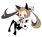  1girl :o ahoge animal_ears bangs bare_arms bare_shoulders black_choker black_footwear black_legwear black_skirt black_wings blue_ribbon blush_stickers brown_hair cat_ears choker demon_tail demon_wings detached_wings floating_hair hair_ornament invisible_chair long_hair looking_at_viewer looking_to_the_side mini_wings miniskirt no_nose original parted_bangs parted_lips pleated_skirt pointy_ears ribbon shirt simple_background sitting skirt skull_hair_ornament sleeveless sleeveless_shirt solo tail thighhighs twintails white_background white_shirt wings yukihi zettai_ryouiki 