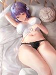  1girl absurdres black_panties breasts clothes_lift cushion green_eyes hair_rings highres large_breasts lifted_by_self looking_down lying navel on_back on_bed original panties parted_lips pillow purple_hair shirt_lift solo thighs underwear yearu_(weid) 