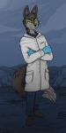 anthro big_ears big_tail black_body black_clothing black_footwear black_fur black_shoes blue_bottomwear blue_clothing blue_gloves blue_handwear blue_pants blue_shirt blue_topwear bottomwear canid canine canis canyon cheek_tuft clothing cloud coat crossed_arms curled_tail desert facial_tuft footwear fur gloves glowing glowing_eyes grey_body grey_fur hachimakiyaki handwear hi_res hole_(pit) hybrid id_card janusz lab_coat male mammal medical_gloves multicolored_body multicolored_fur neck_tuft night outside pants pockets rock shirt shoes sky skyscape smile smiling_at_viewer smirk smirking_at_viewer smug smug_grin solo standing star tail topwear tuft two_tone_body two_tone_fur white_clothing white_topwear wolf wolfdog